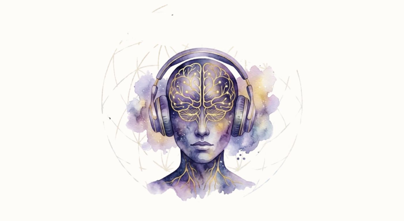 Figura en acuarela con auriculares y cerebro dorado iluminado, rodeada de nubes de color violeta y oro